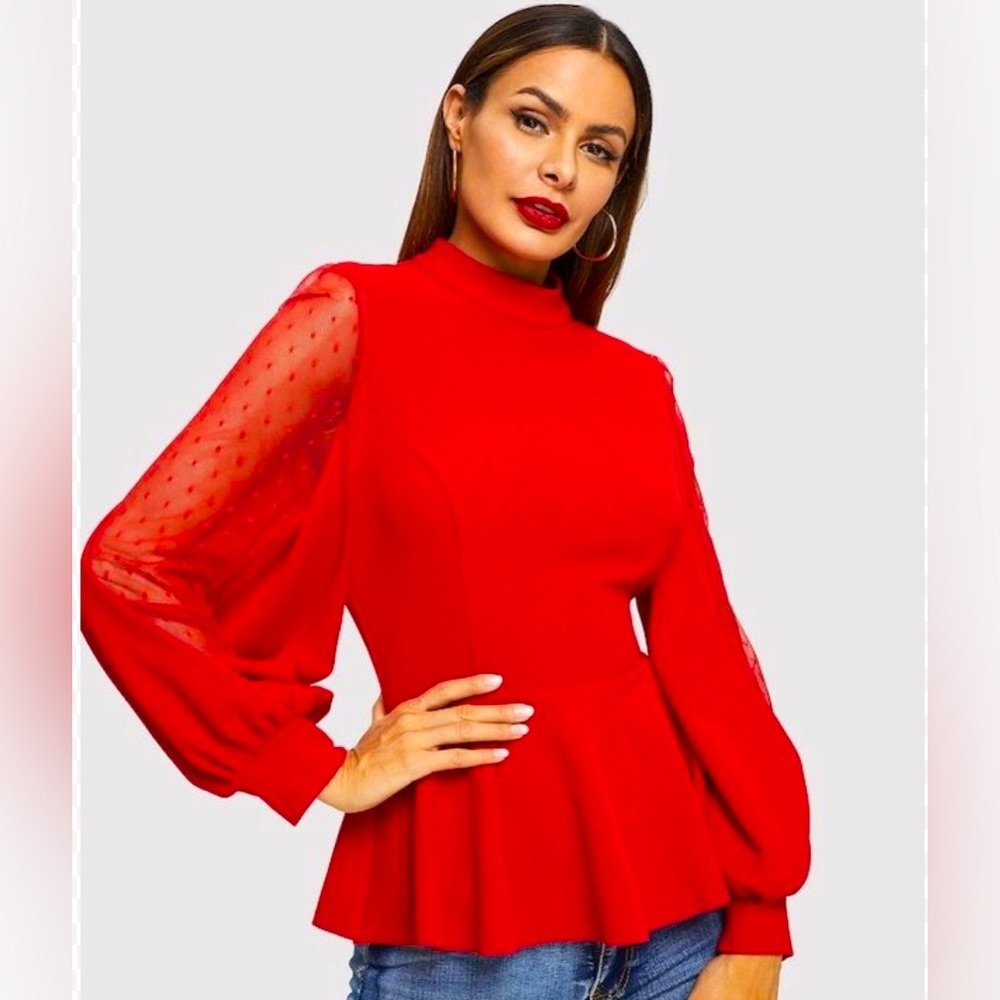 Shein Dot Mesh Insert Ballon Sleeve Peplum Top